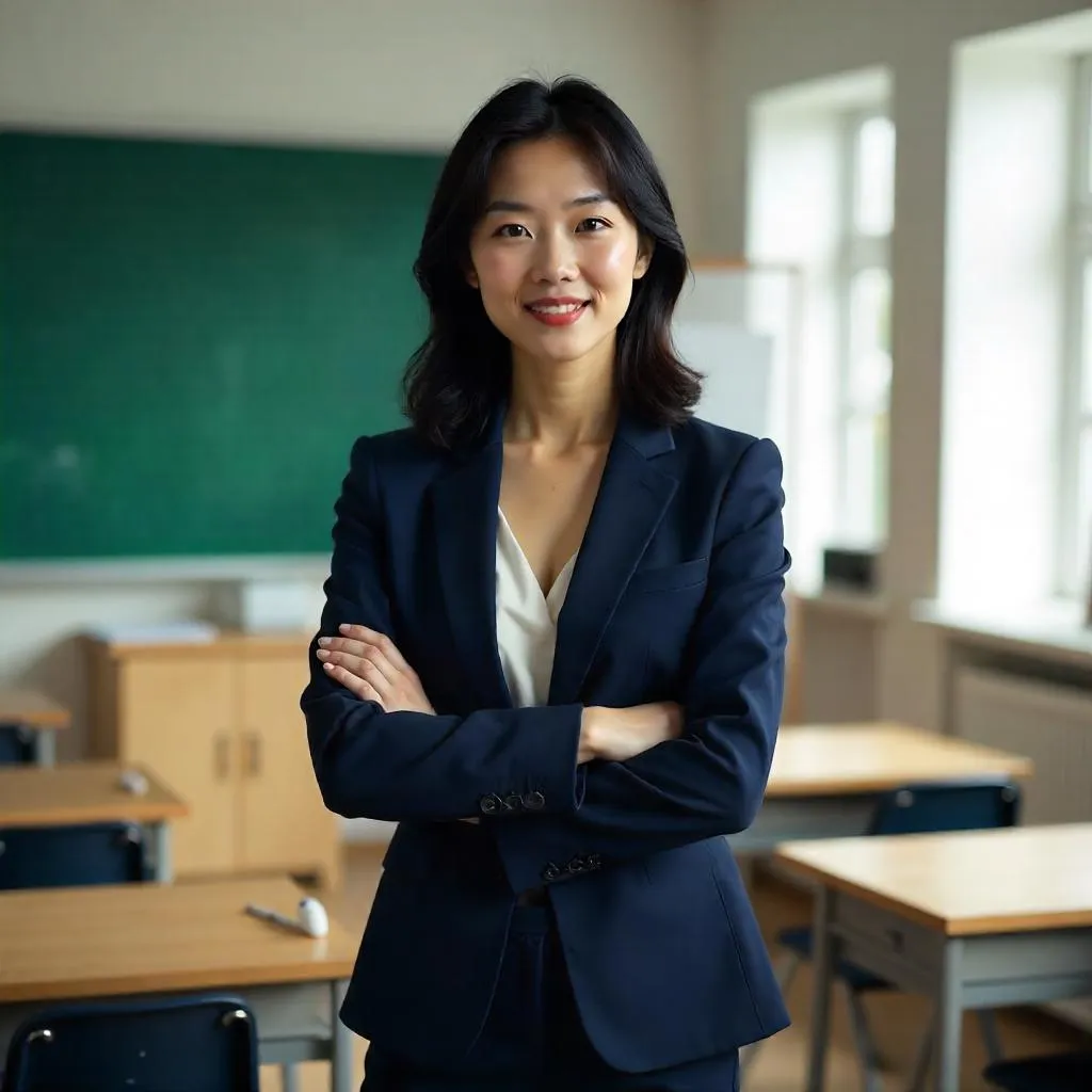 Confident Asian Woman in a Modern Classroom