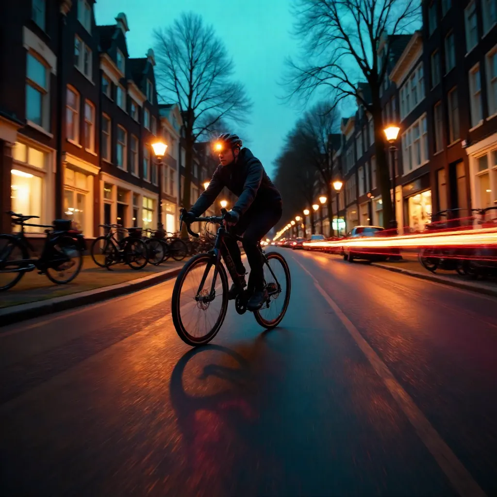 Blurred Motion Cyclist in Amsterdam at Dusk