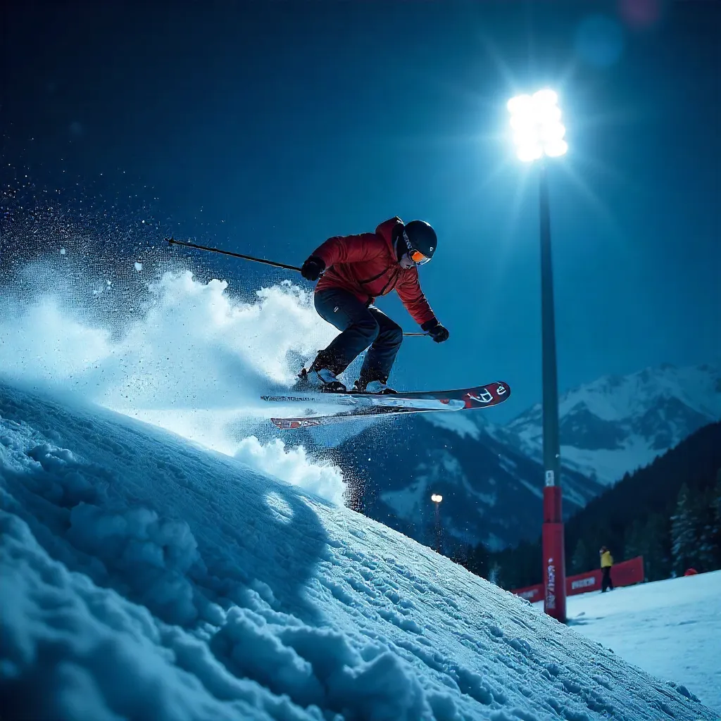 Mid-Air Ski Jump in Nighttime Lights: Dramatic Athleticism