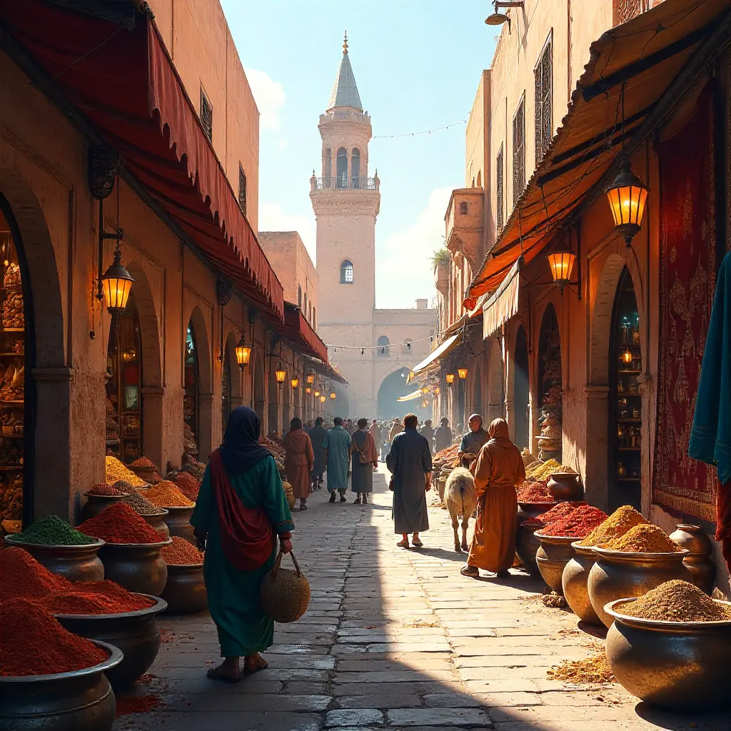 Vibrant Medina Market with Mosque Minaret at Sunset