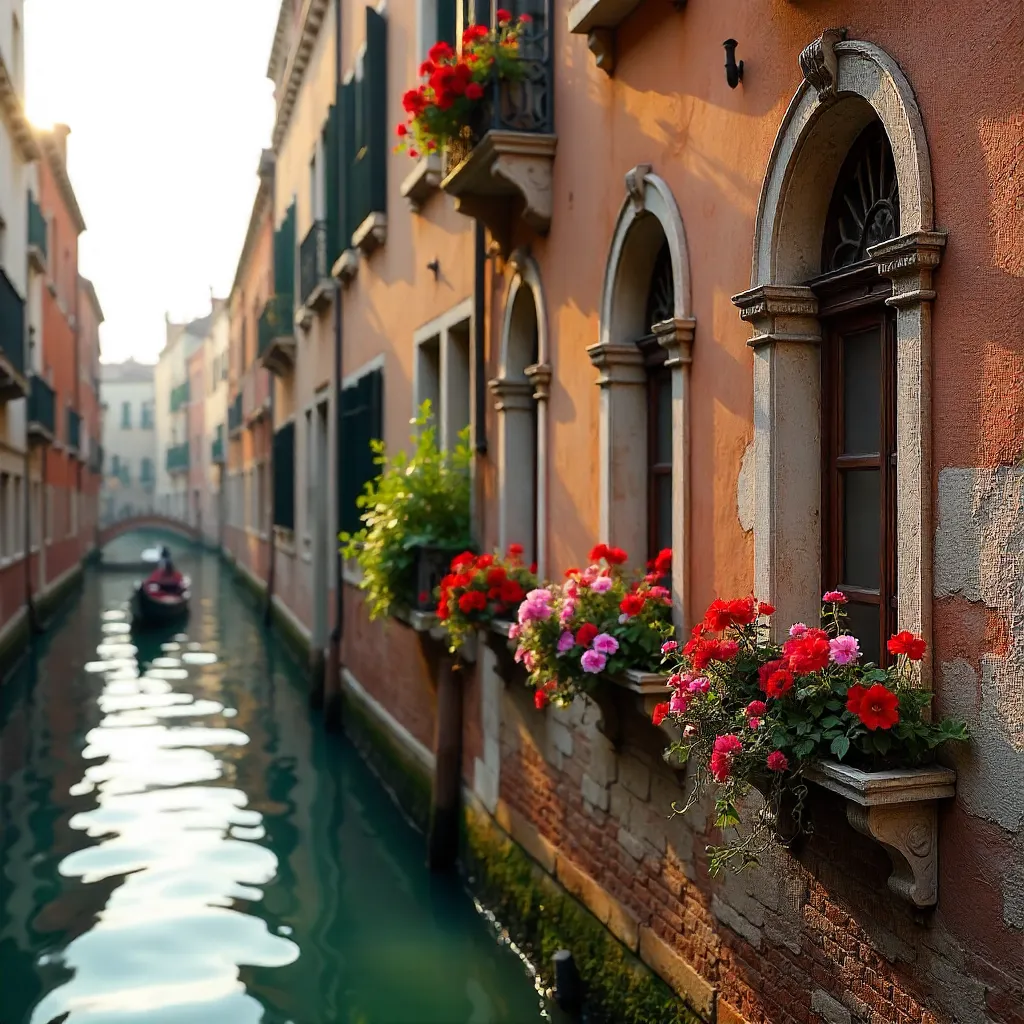 Venetian Facade: Ornate Windows and Flower Boxes