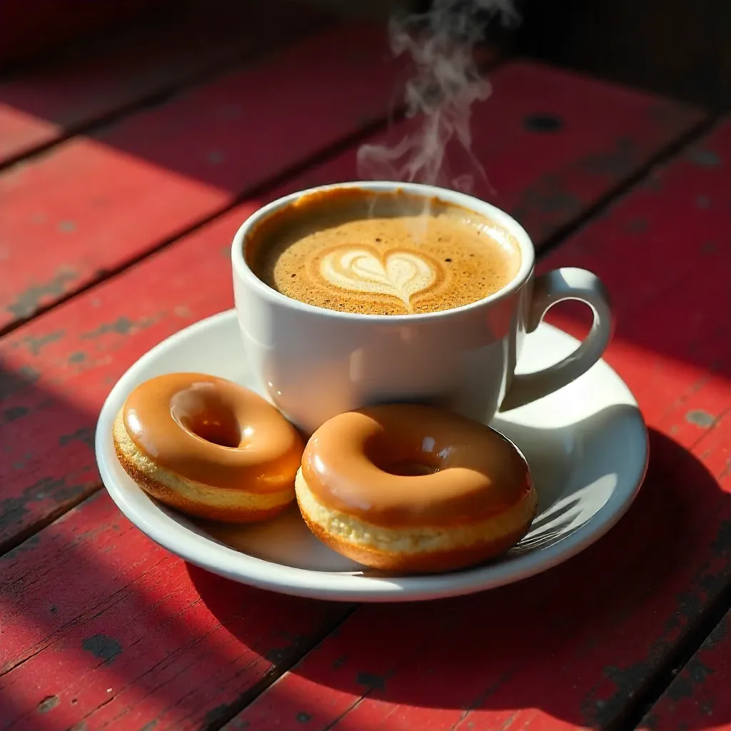 Coffee Foam and Donuts on a Red Rustic Surface