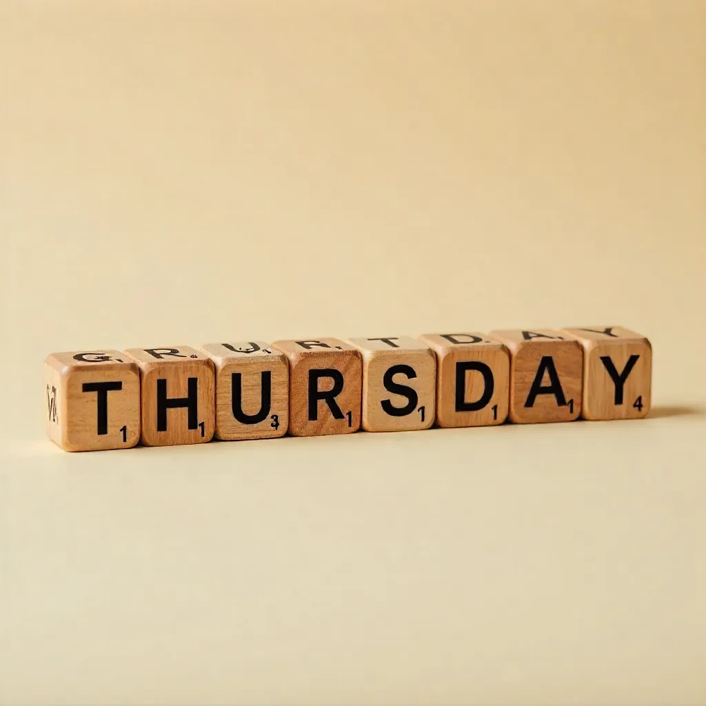 Warm Wooden Blocks Spelling Thursday on Beige Background