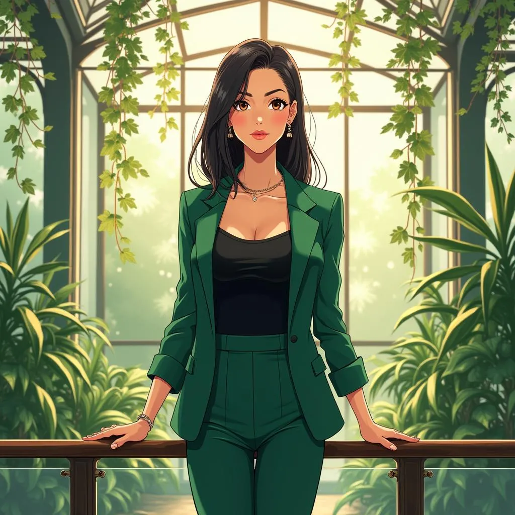 Confident Asian Woman in a Sunlit Conservatory - Anime Style