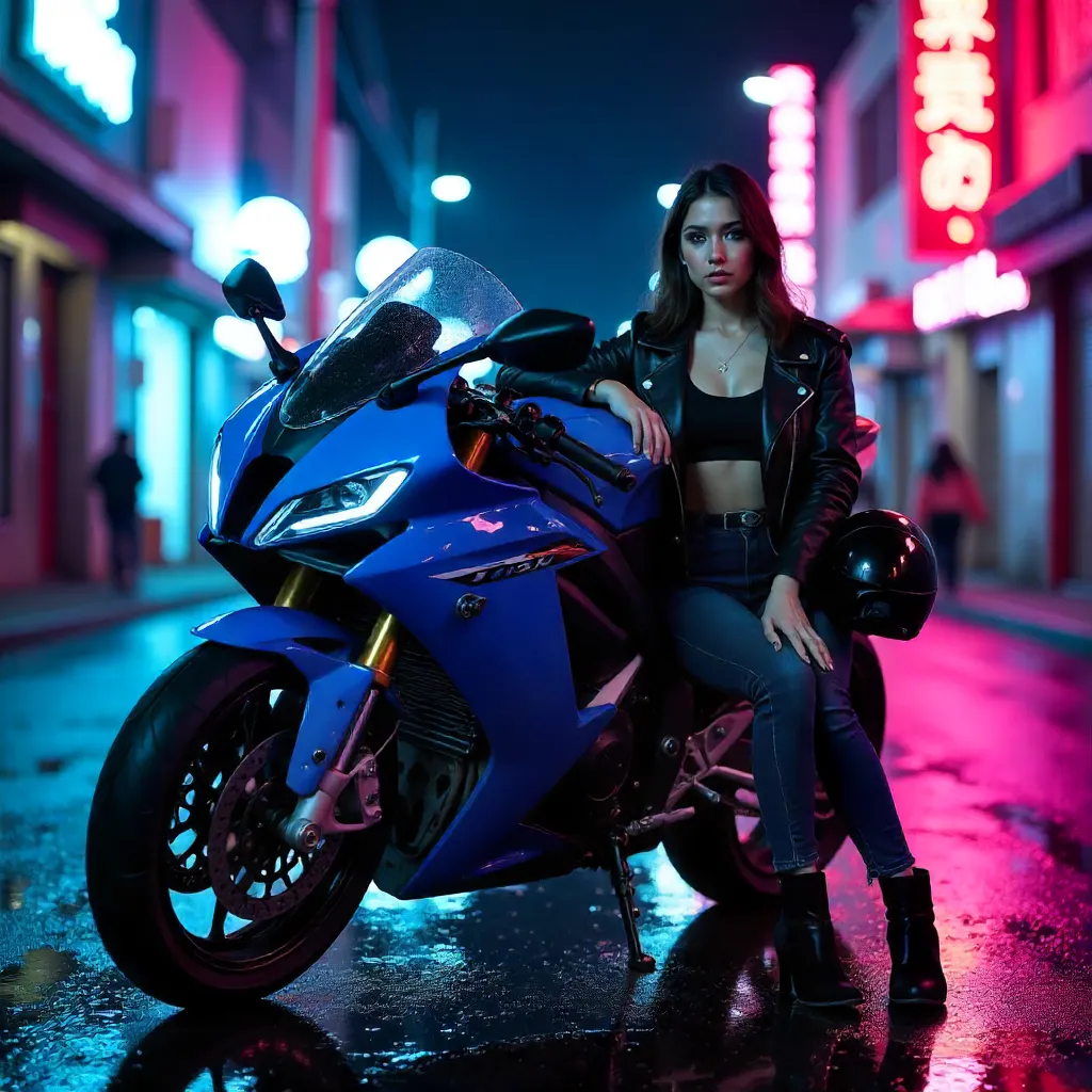 Midnight Style by a Blue Motorcycle