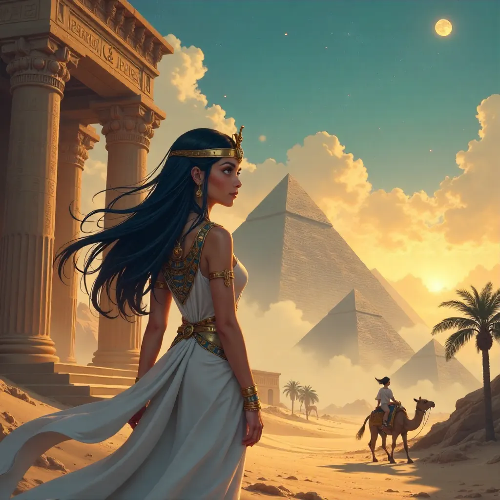 Mist in Neon Sands: Anime Egypt at Dusk
