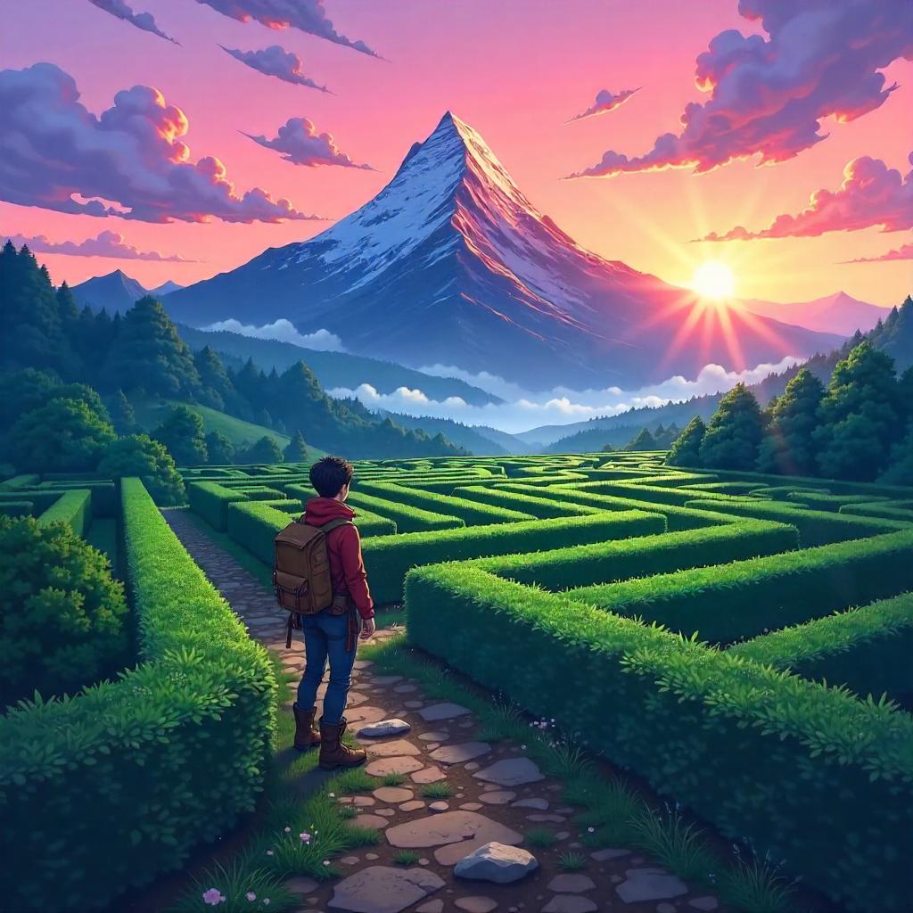 Adventure Through an Anime Hedge Maze to a Mountain