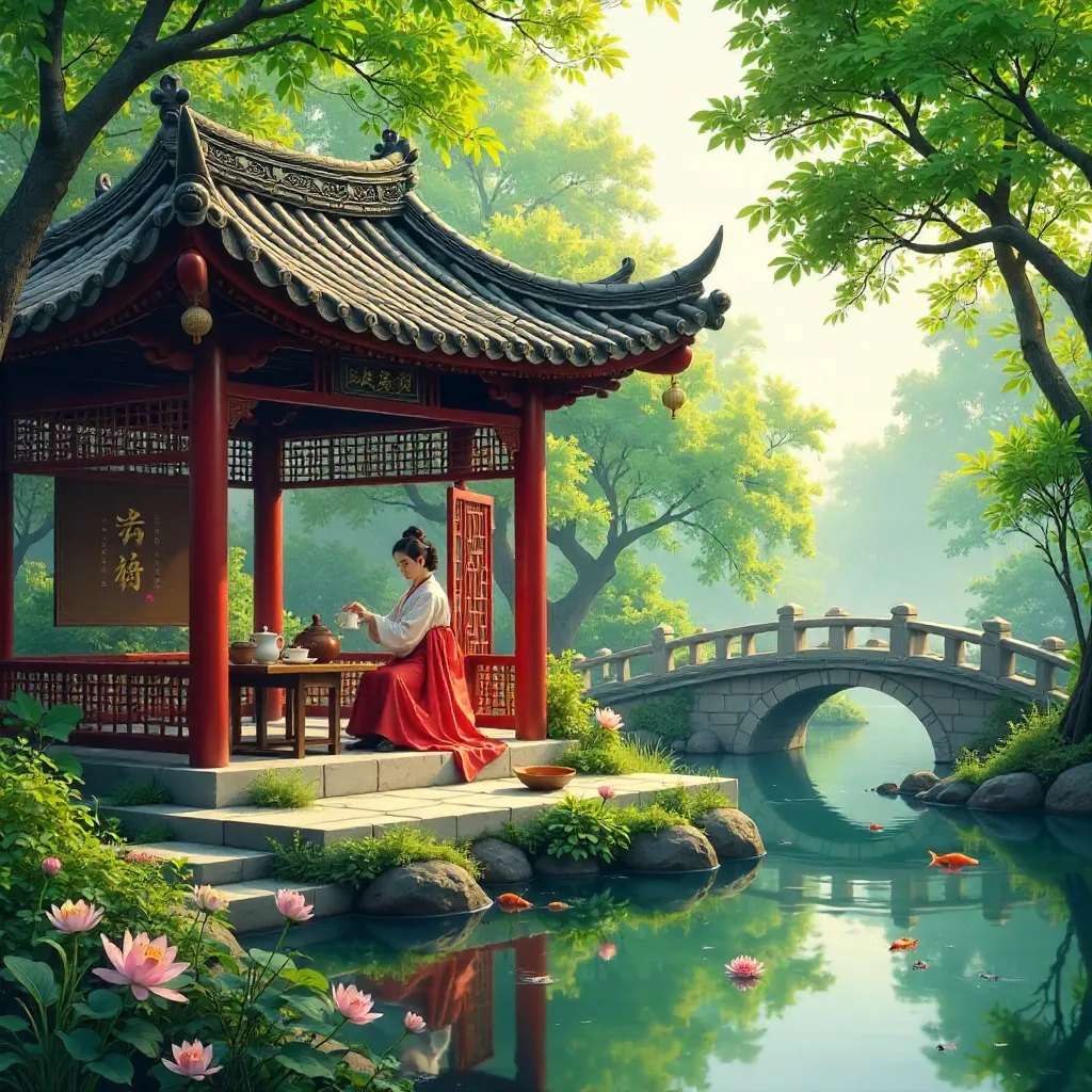 Tranquil Summer Chinese Pavilion Amid a Lush Garden