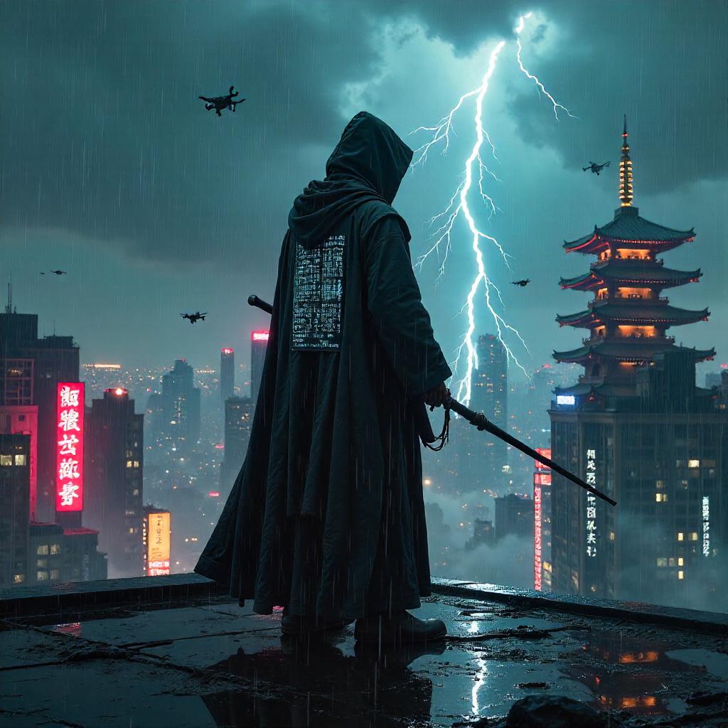 Monk of Neon Storm in the Rain