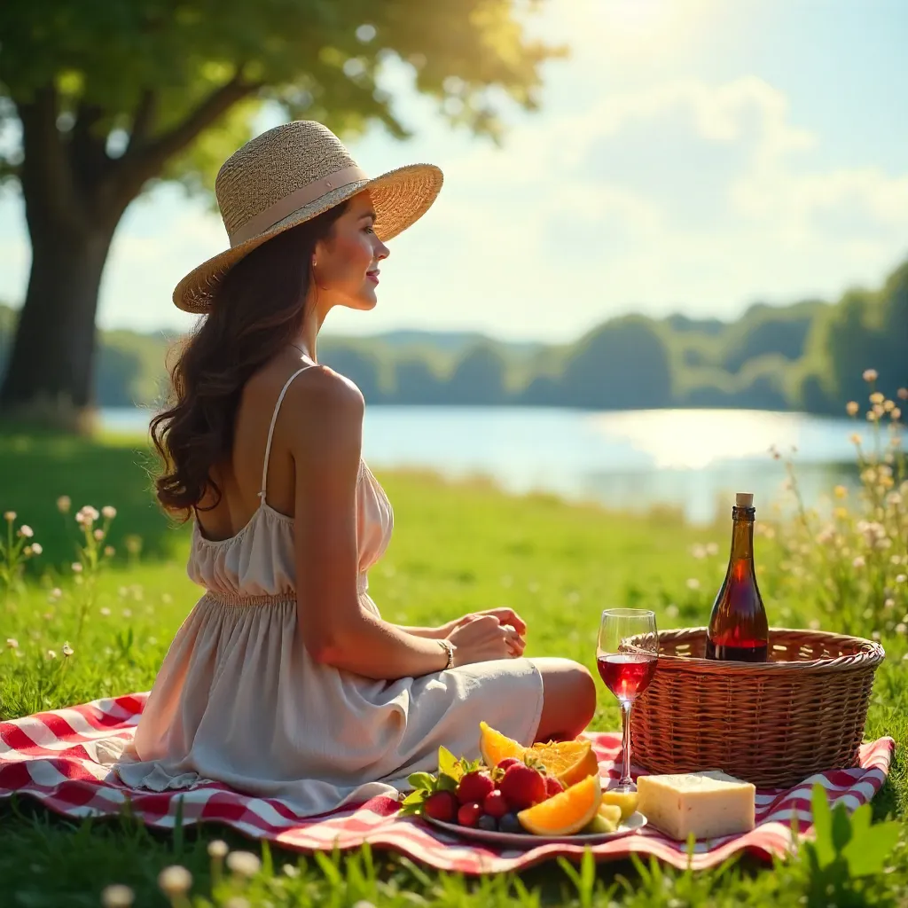 Sunlit Picnic Serenade: Wine, Fruit, and a Calm Meadow