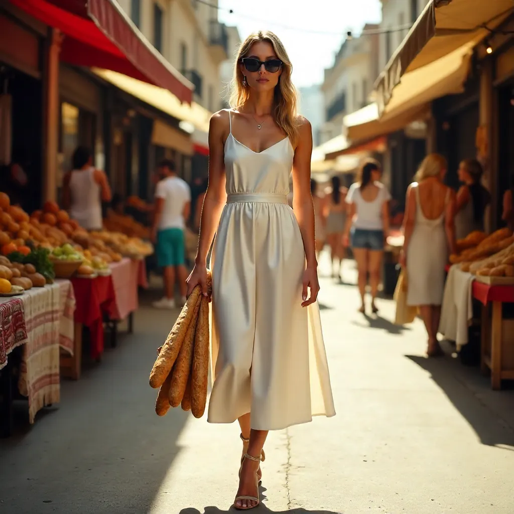 White Dress and Baguettes in a Bustling Market