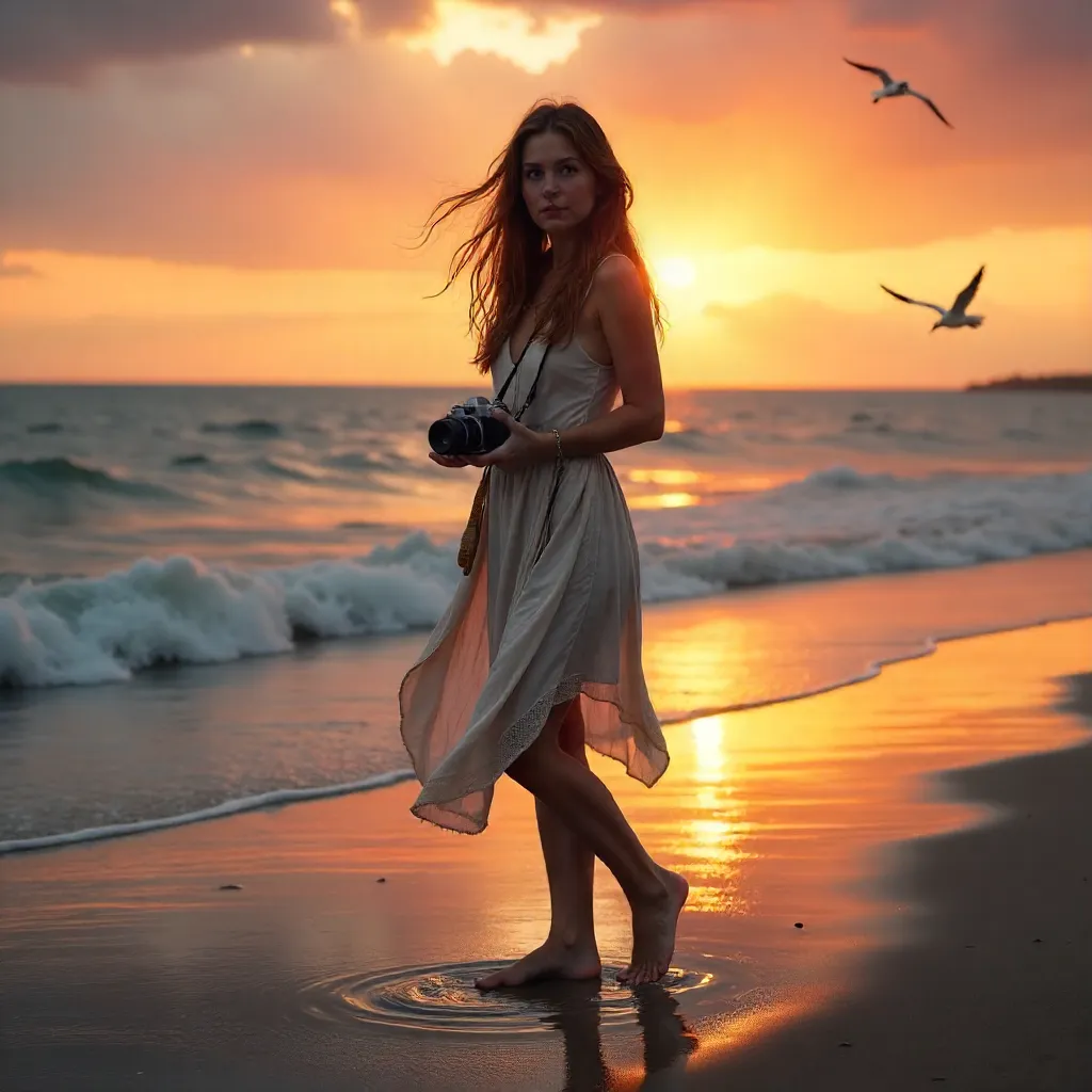 Sunset Portrait: Woman with Camera on the Beach