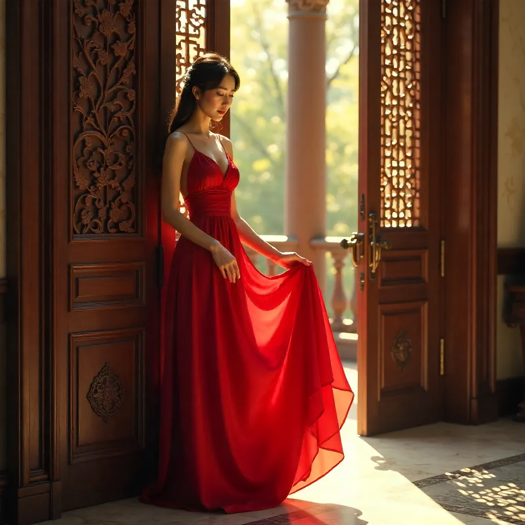 Red Dress by Ornate Wooden Door, Timeless Elegance