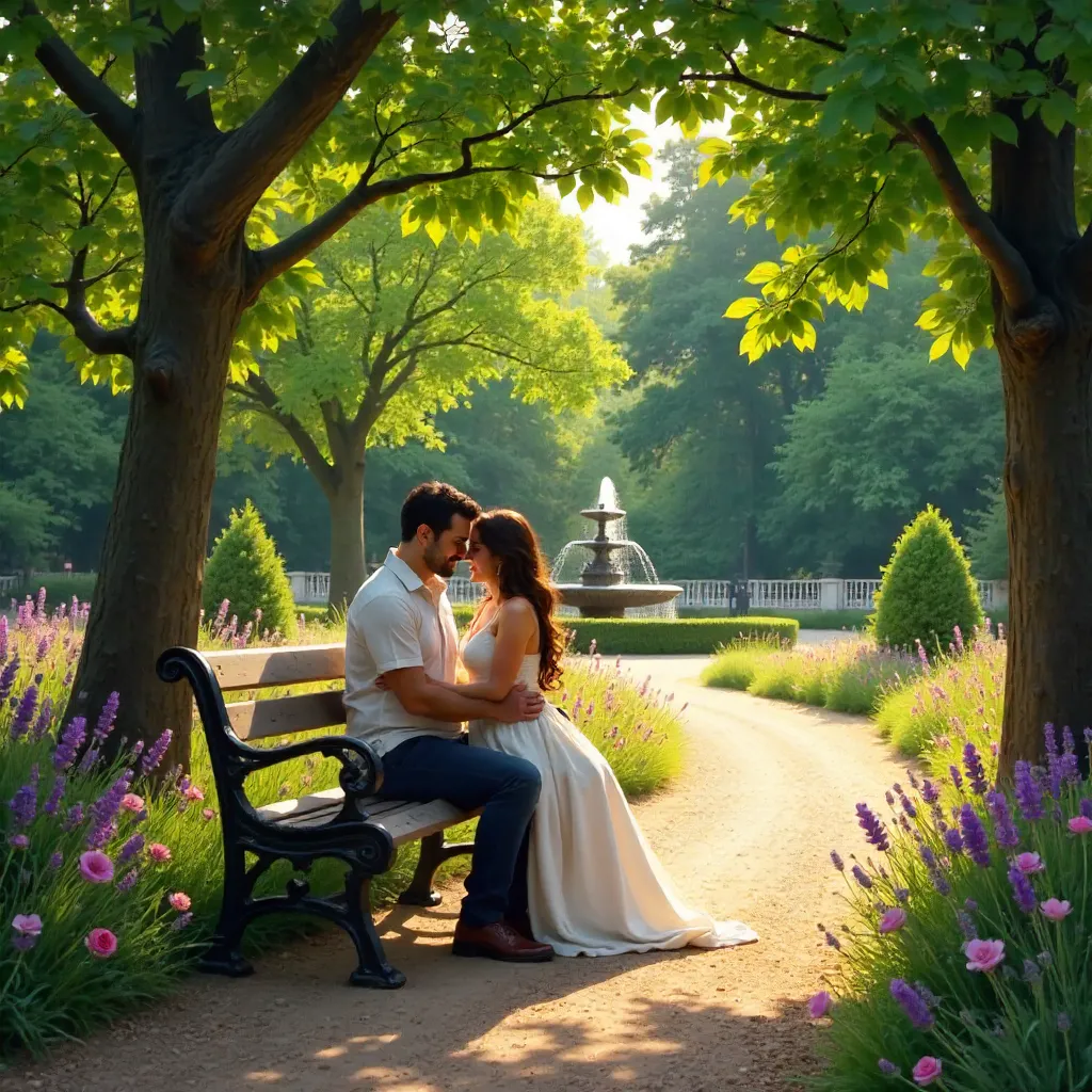 Embrace on a Serene French Garden Bench