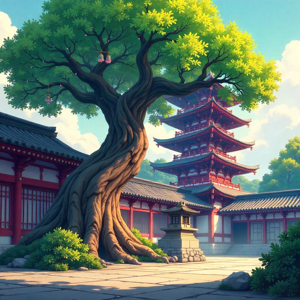 Tree in the Courtyard of a Pagoda (Anime Style)