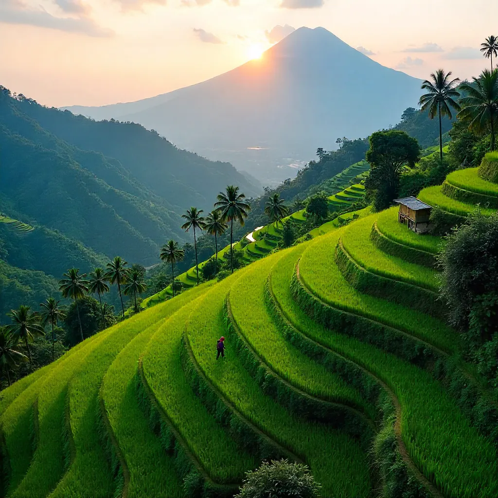 Emerald Rice Fields of Bali with Mountain Backdrop