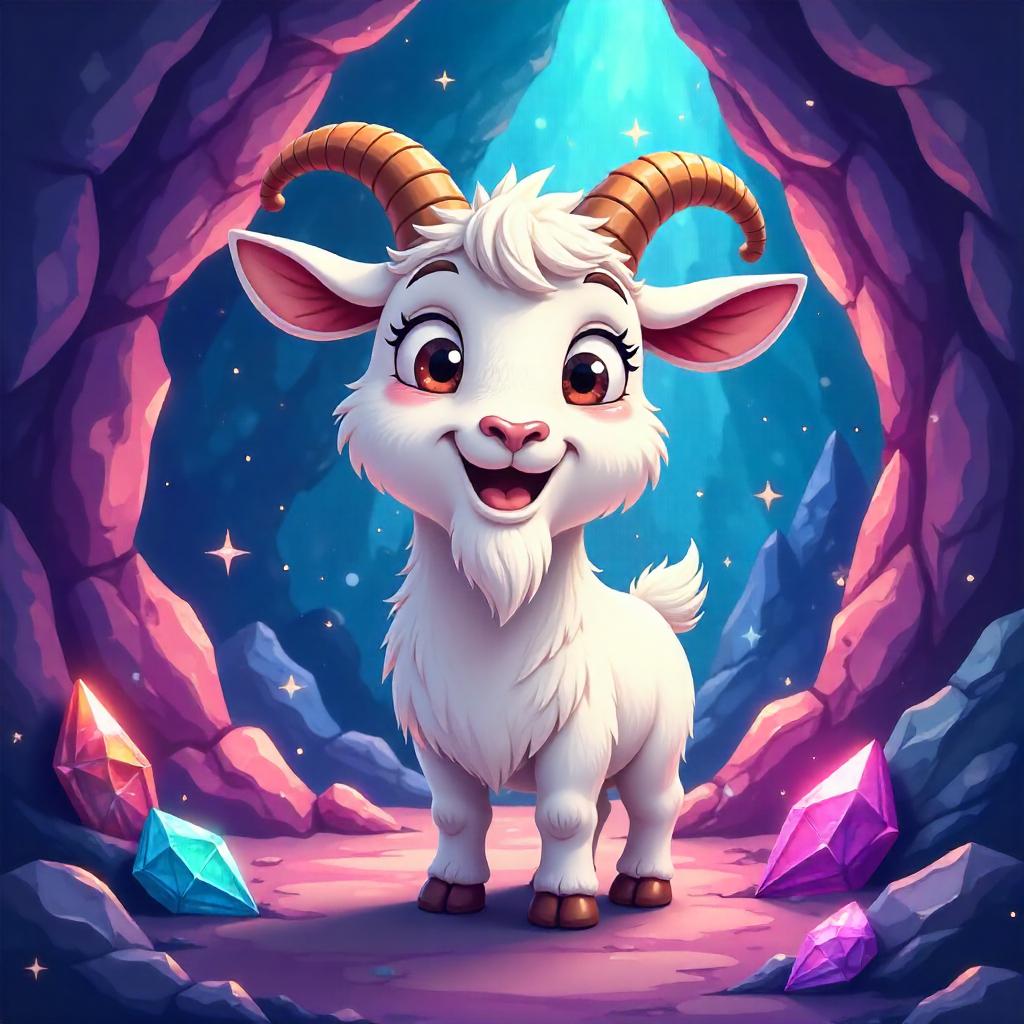Cartoon Goat in a Crystal Cave