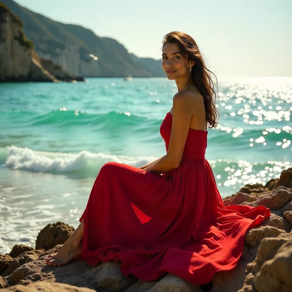 Red-dressed beauty seated on Antalya rocky shore