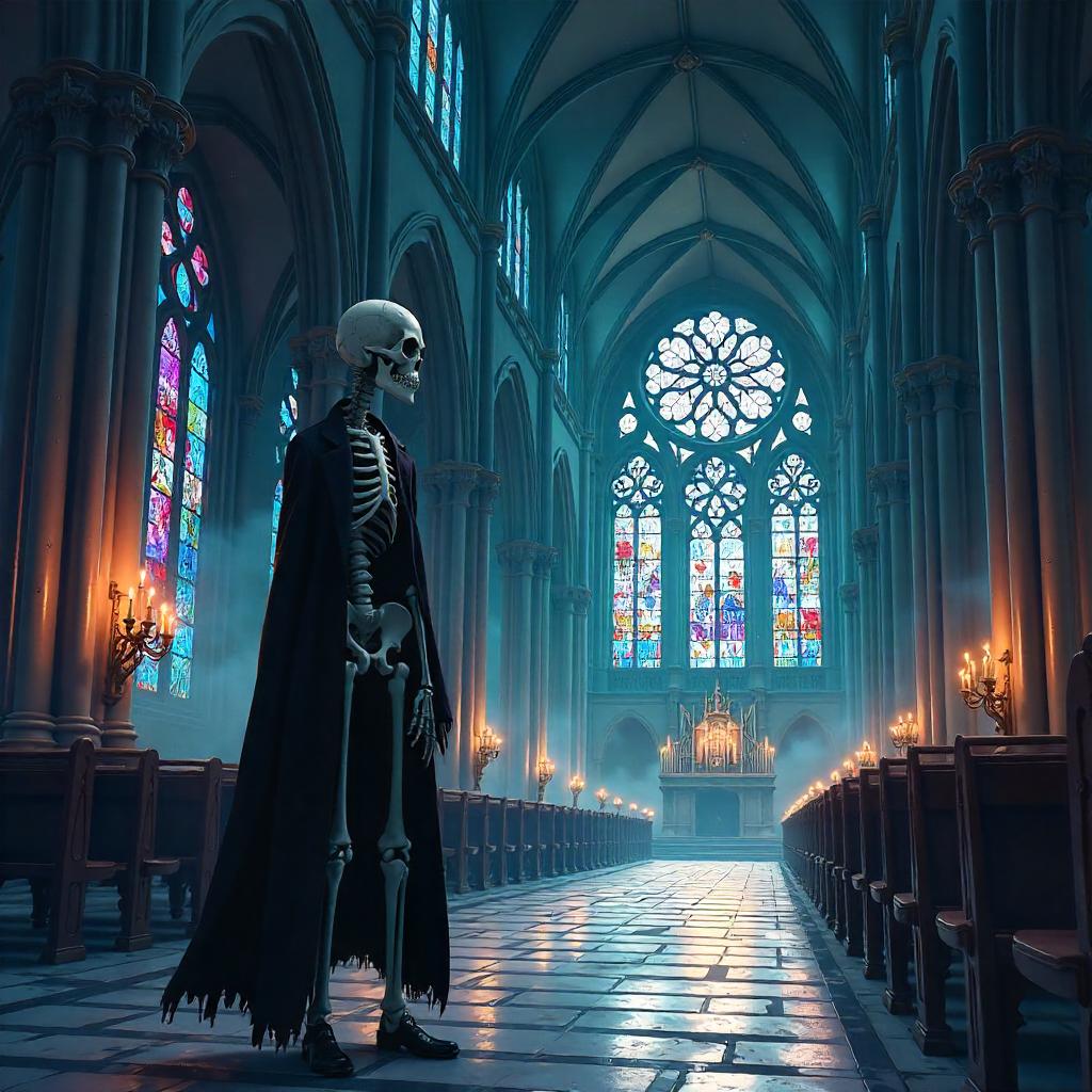 Anime Skeleton in a Gothic Cathedral