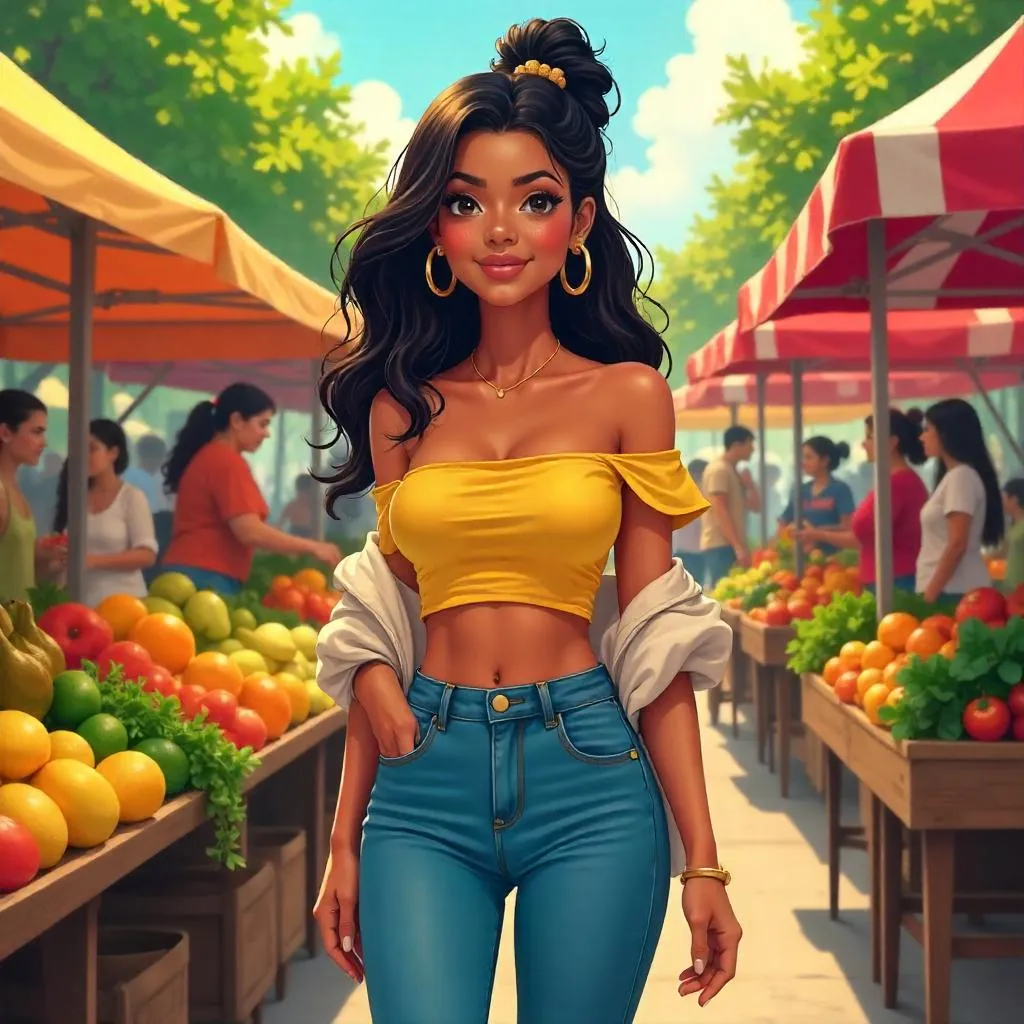 Confident Latina at a Vibrant Anime Farmers Market