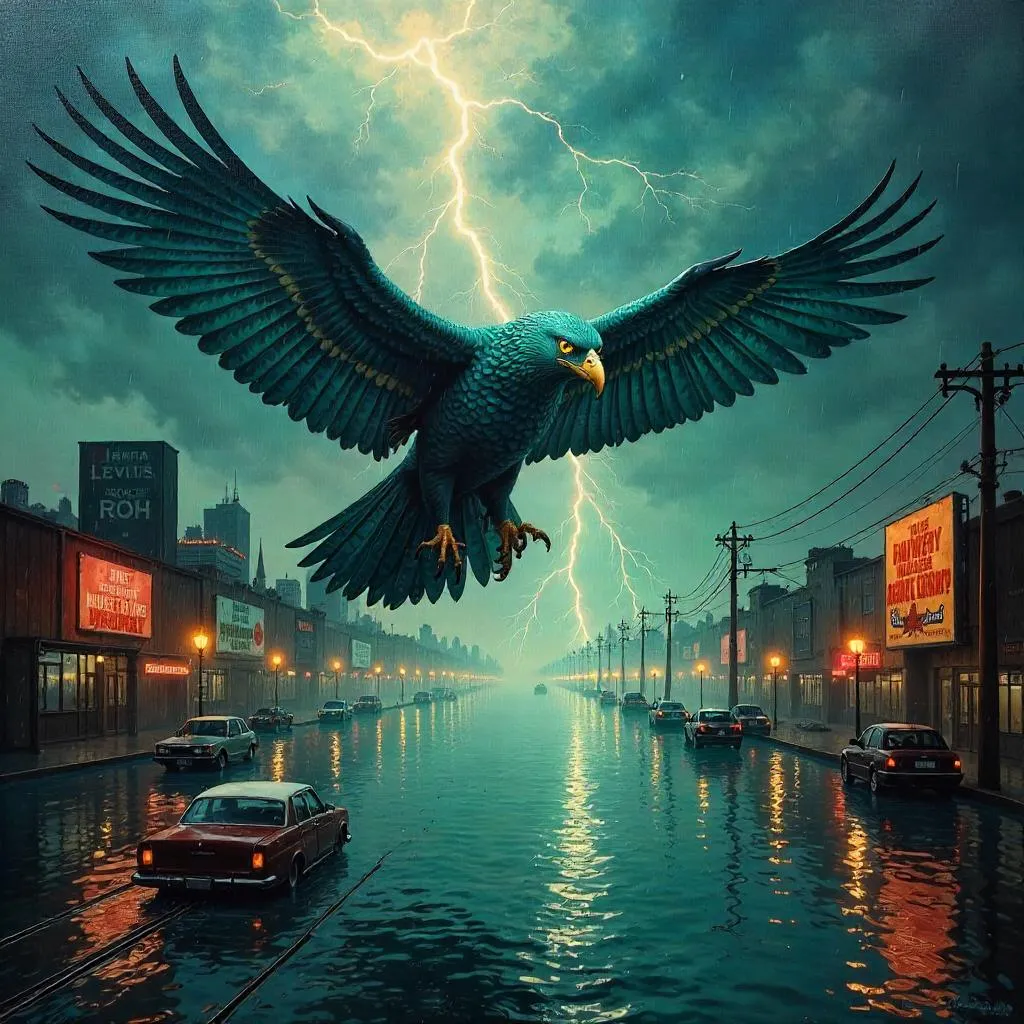 Thunderbird Over a Flooded City: An Oil Painting