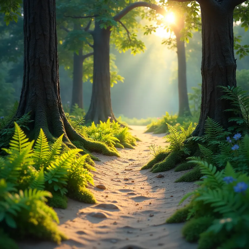 Sunlit Forest Path Through Sandy Trail and Greenery
