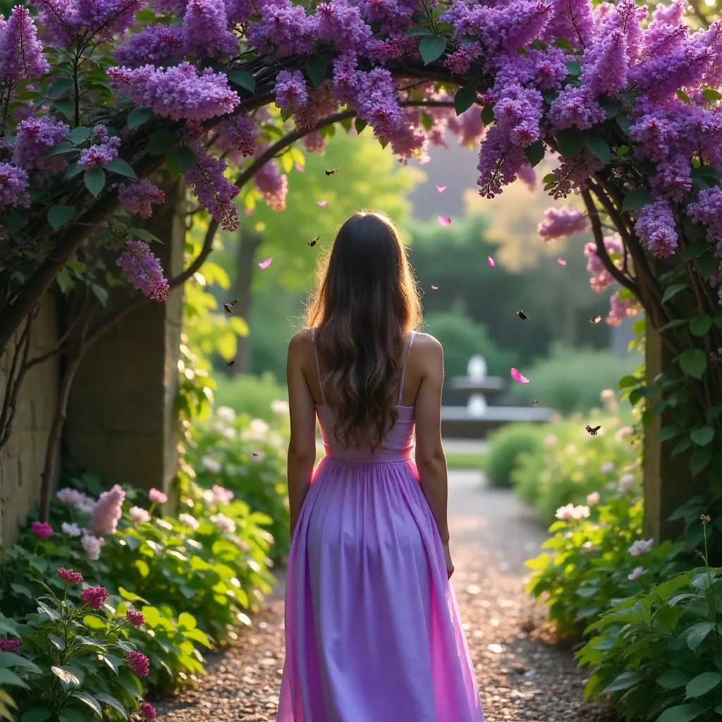 Back View in a Serene Lilac Garden