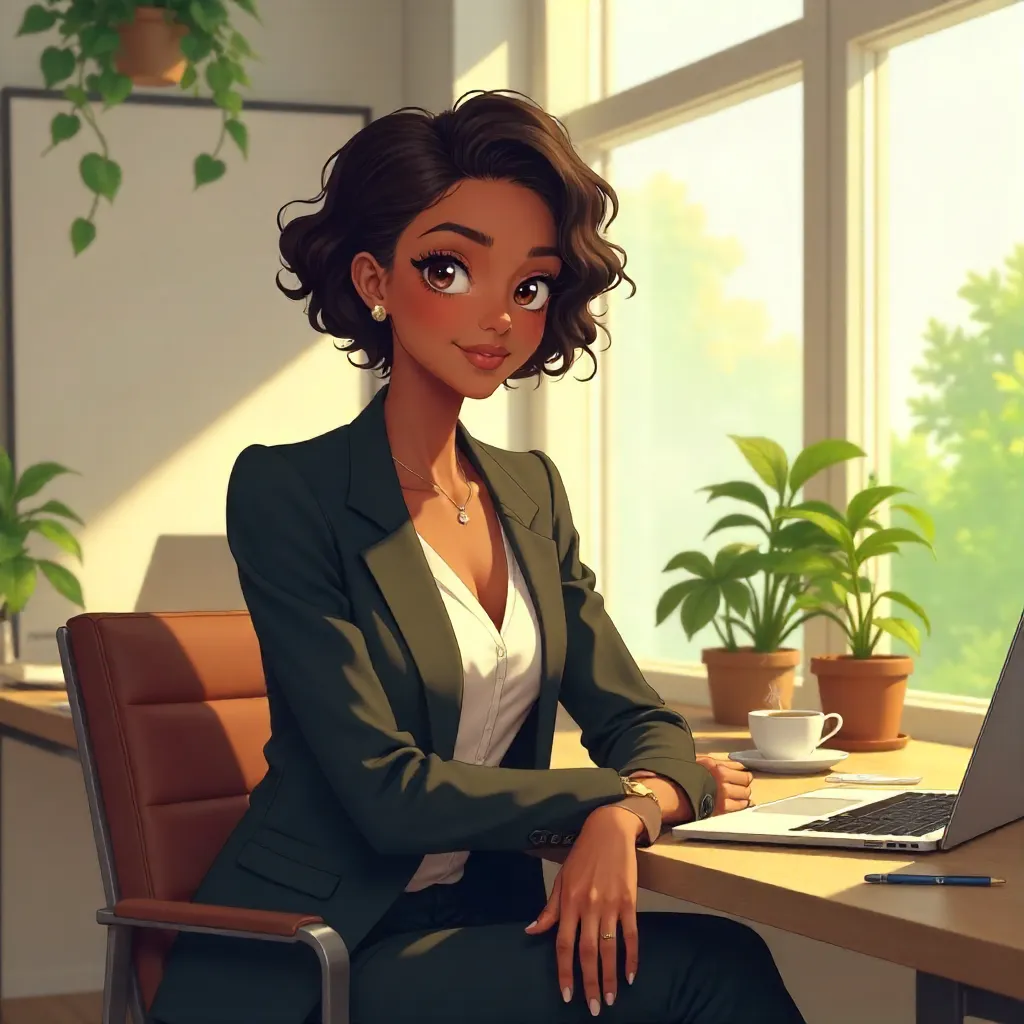 Elegant Black Girl in Anime Style at a Coworking Space