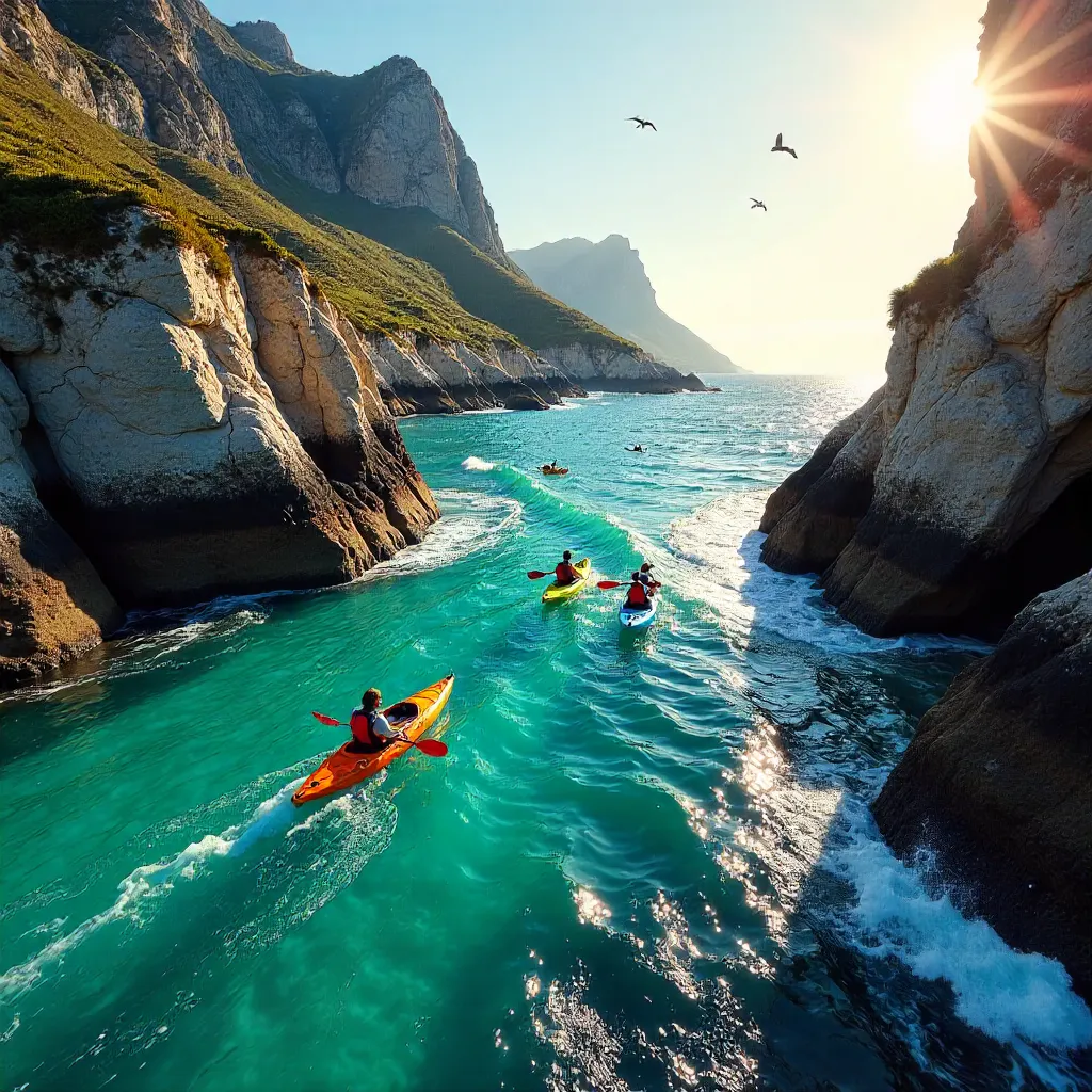 Kayakers Navigating Clear Waters by Robberg's Rugged Coast
