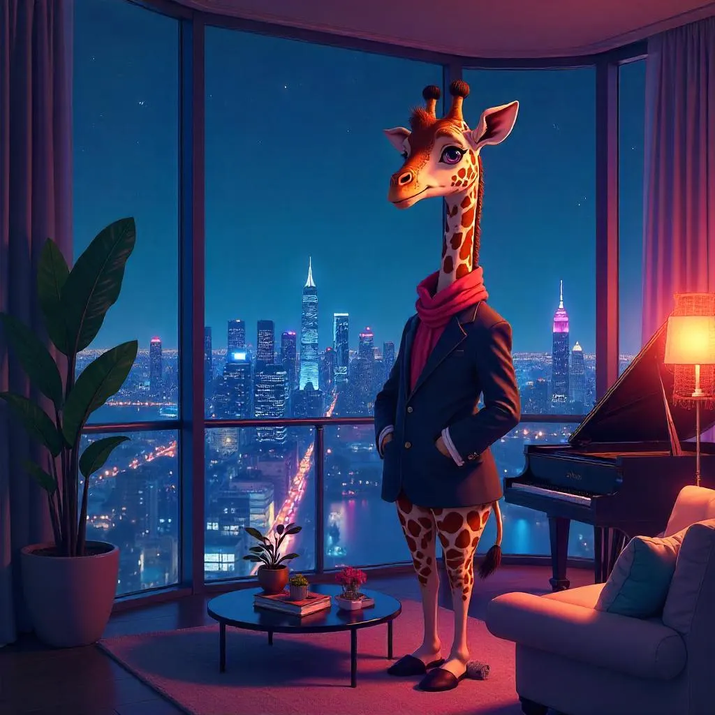 Giraffe in an Anime Penthouse Skyline