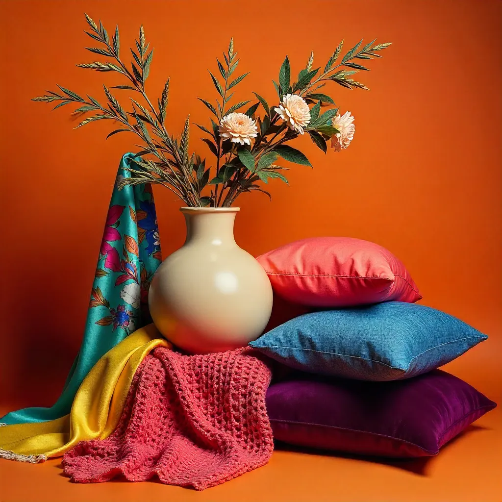 Vibrant Textiles and Vase on Rich Orange Backdrop