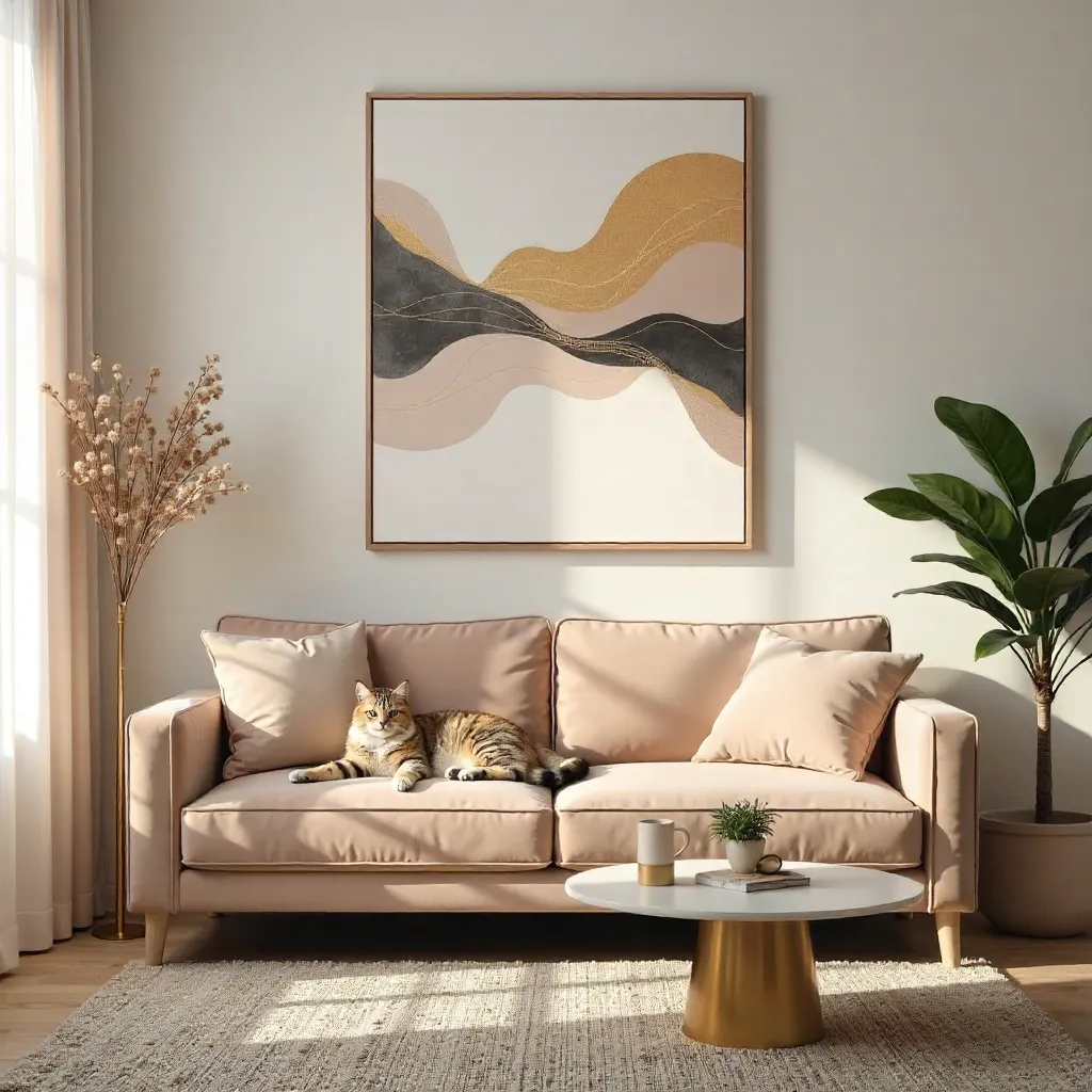 Serene Living Room with Cat and Abstract Wall Art