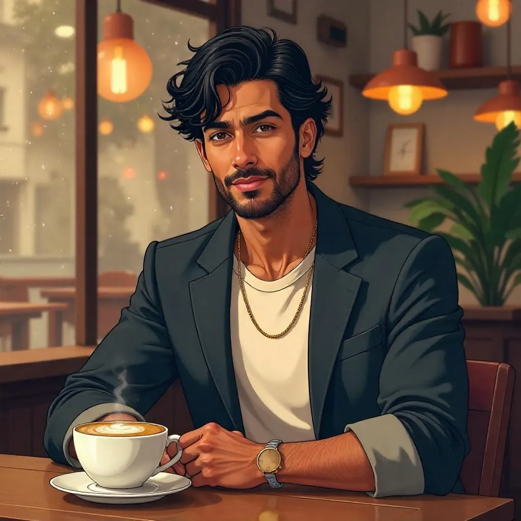 Handsome Indian Man in a Cozy Anime Café