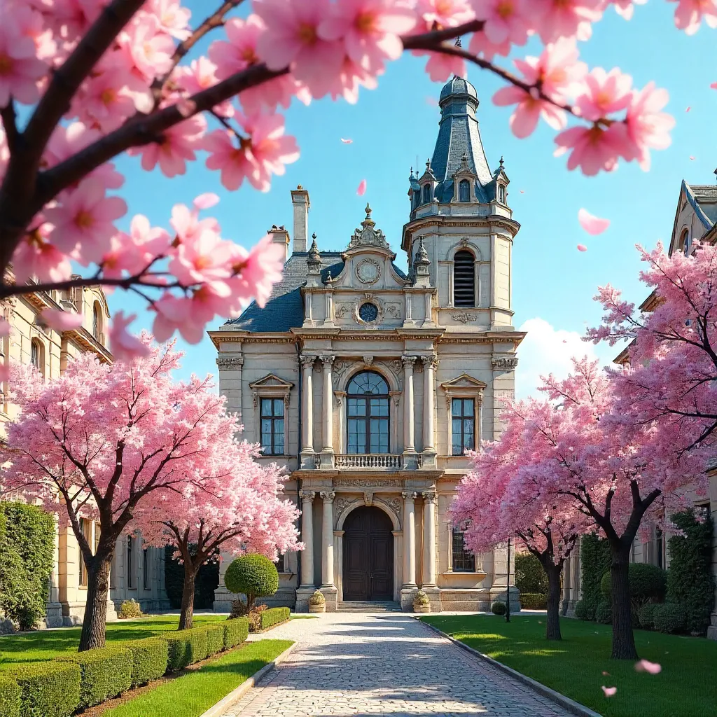 Spring Cherry Blossoms Over a Historic Facade