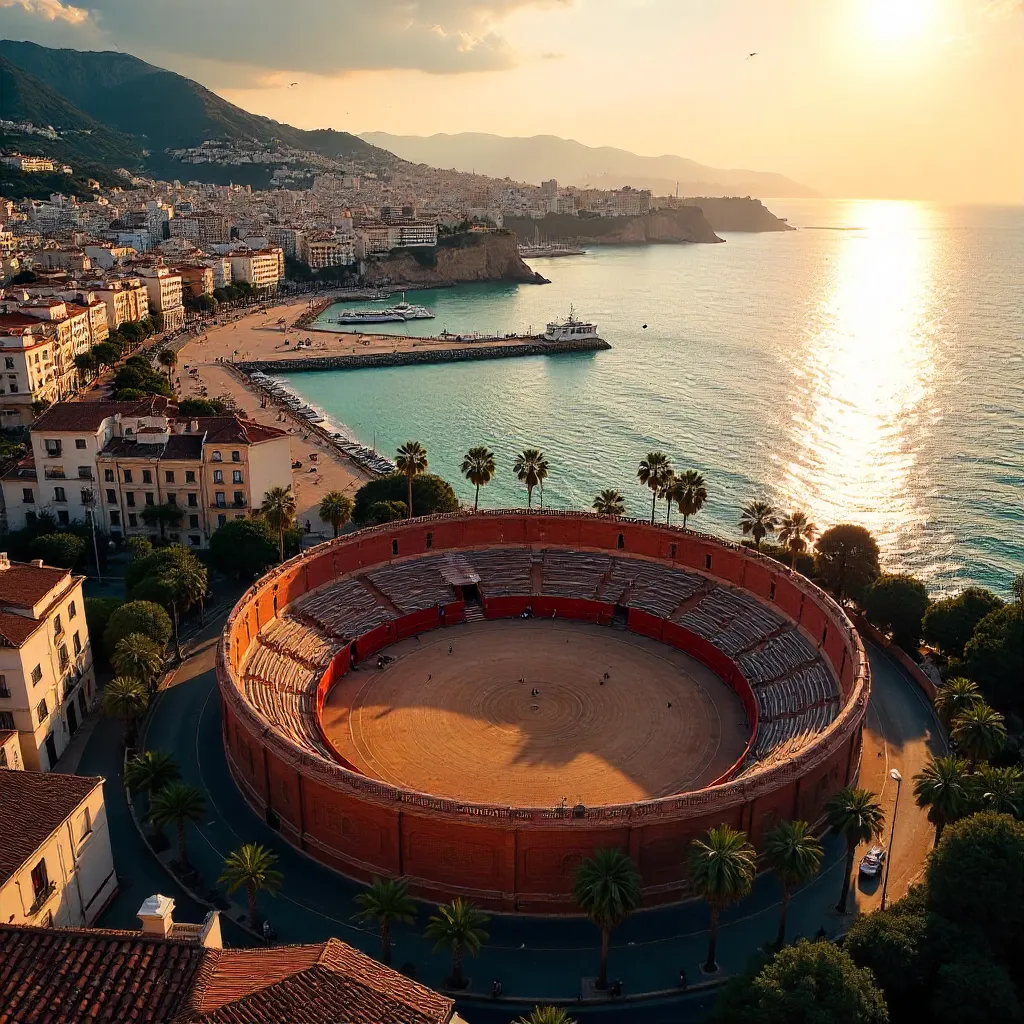Aerial View: Málaga Bullring and Coastline Panorama