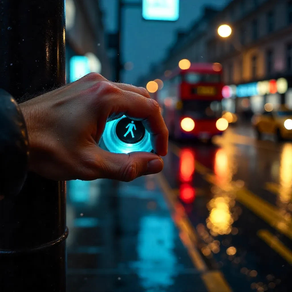 Night Close-Up: Hand Pressing London's Pedestrian Button