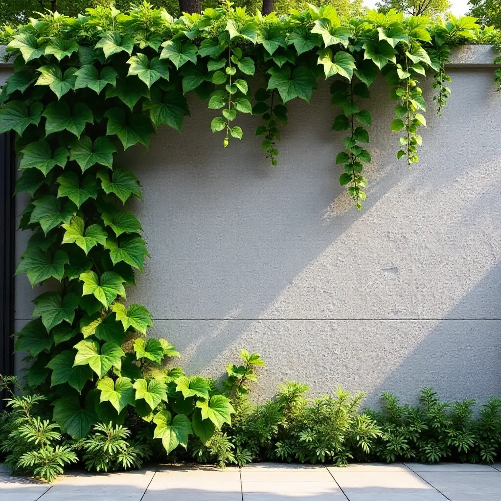 Minimalist Stone Wall with Cascading Foliage in Sunlight