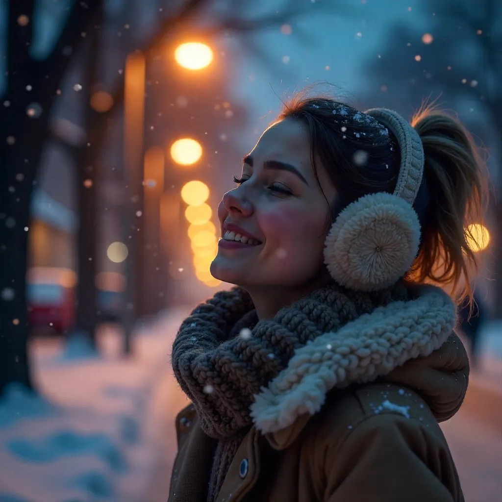 Night Snowfall: Woman in Earmuffs Enjoying Snow