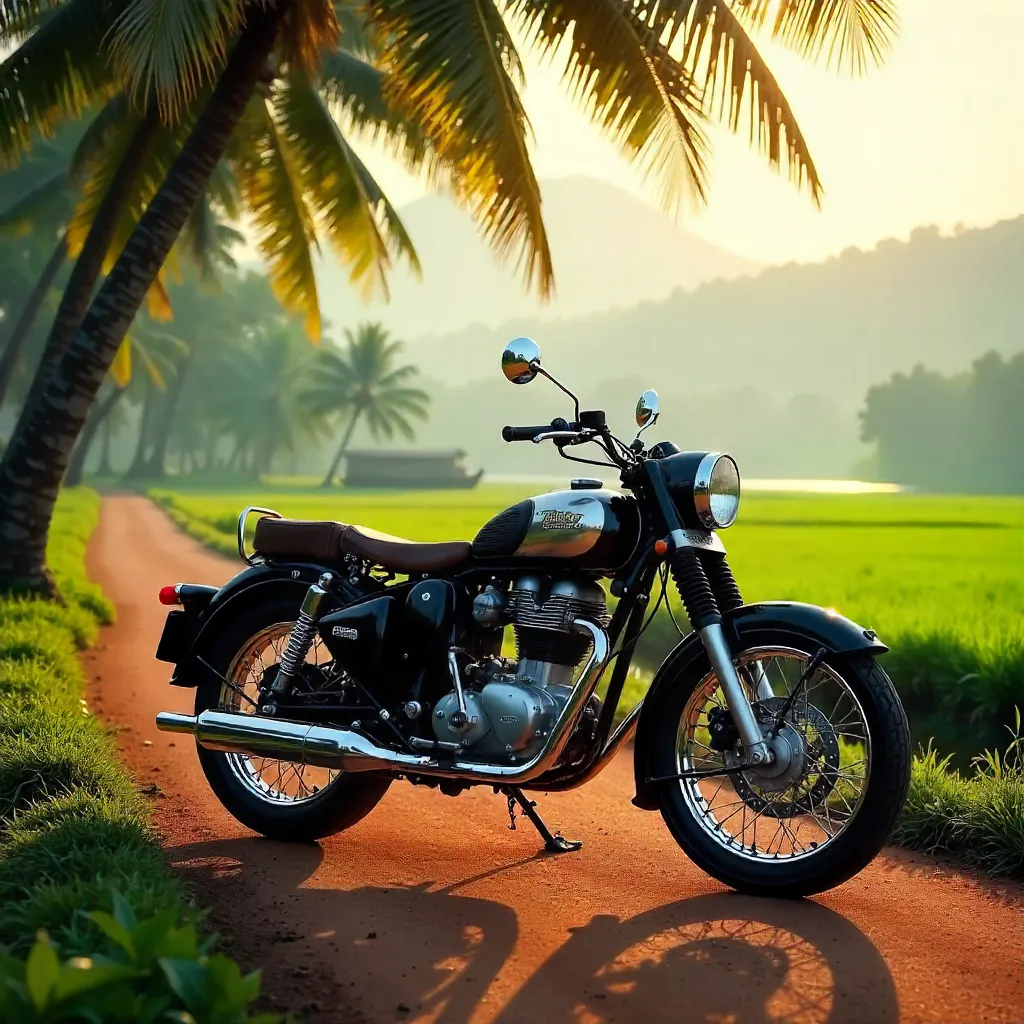 Black Vintage Motorcycle in Kerala's Scenic Backwaters