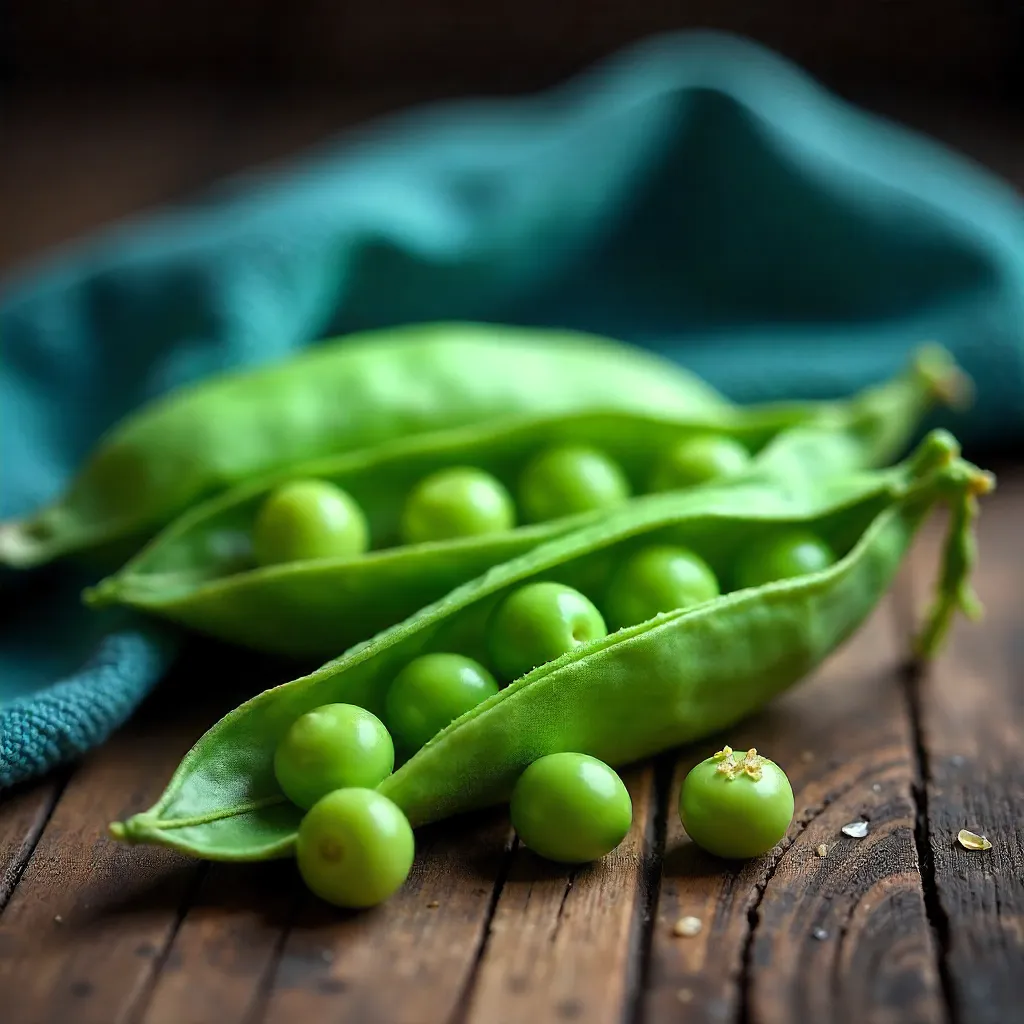 Still Life: Green Peas on Rustic Wood with Blue Cloth