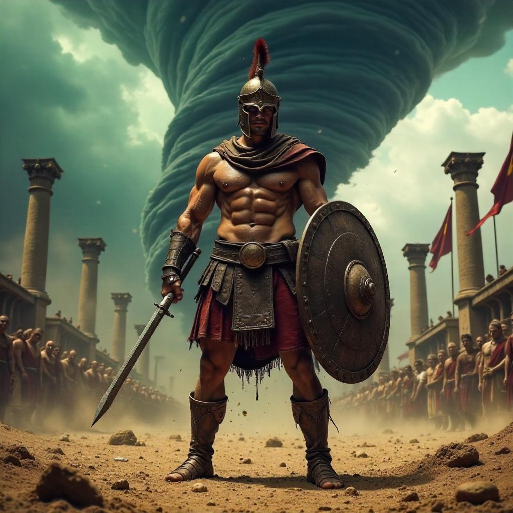 Gladiator Braced Against a Wrathful Tornado