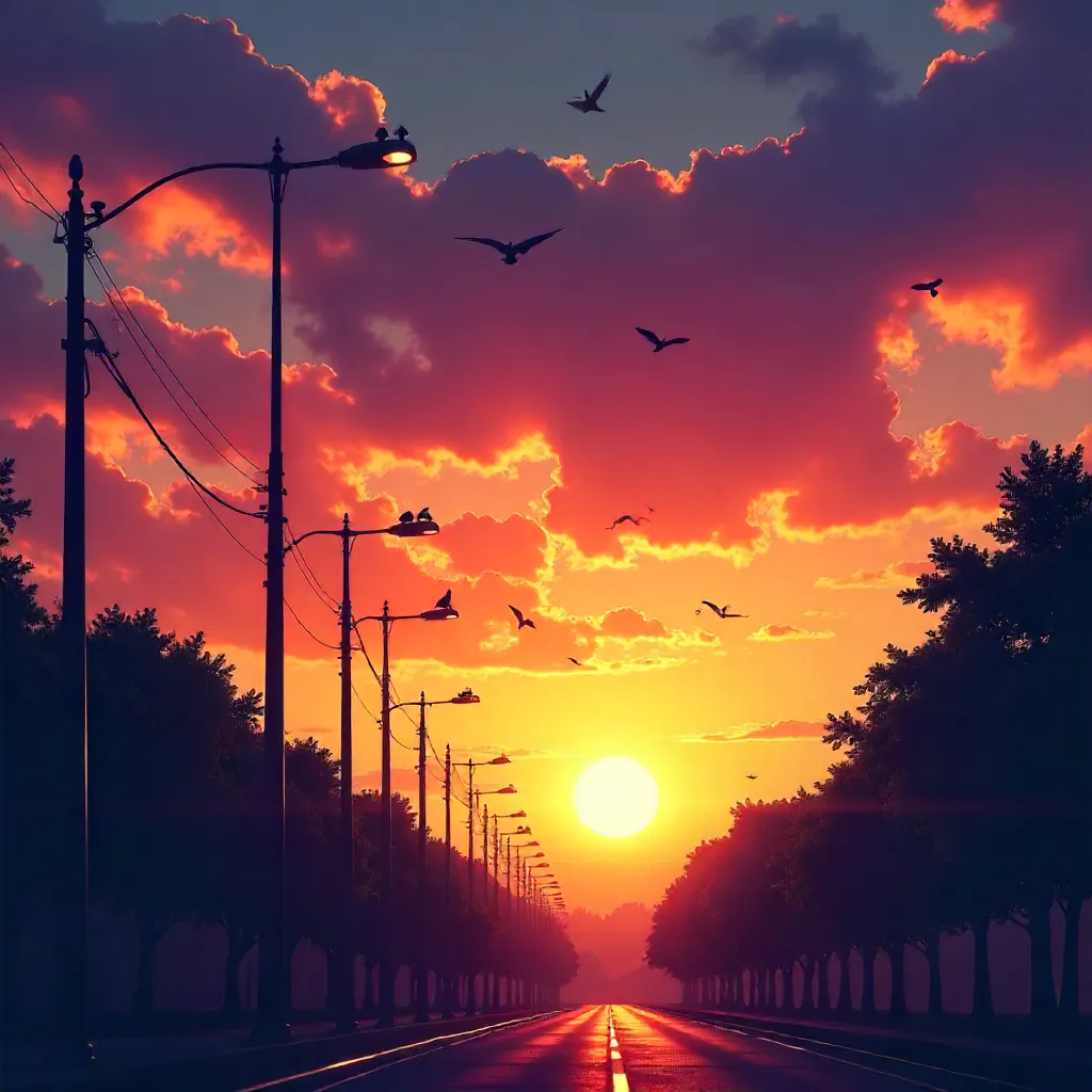 Silhouetted Street Lamps Under a Vivid Sunset