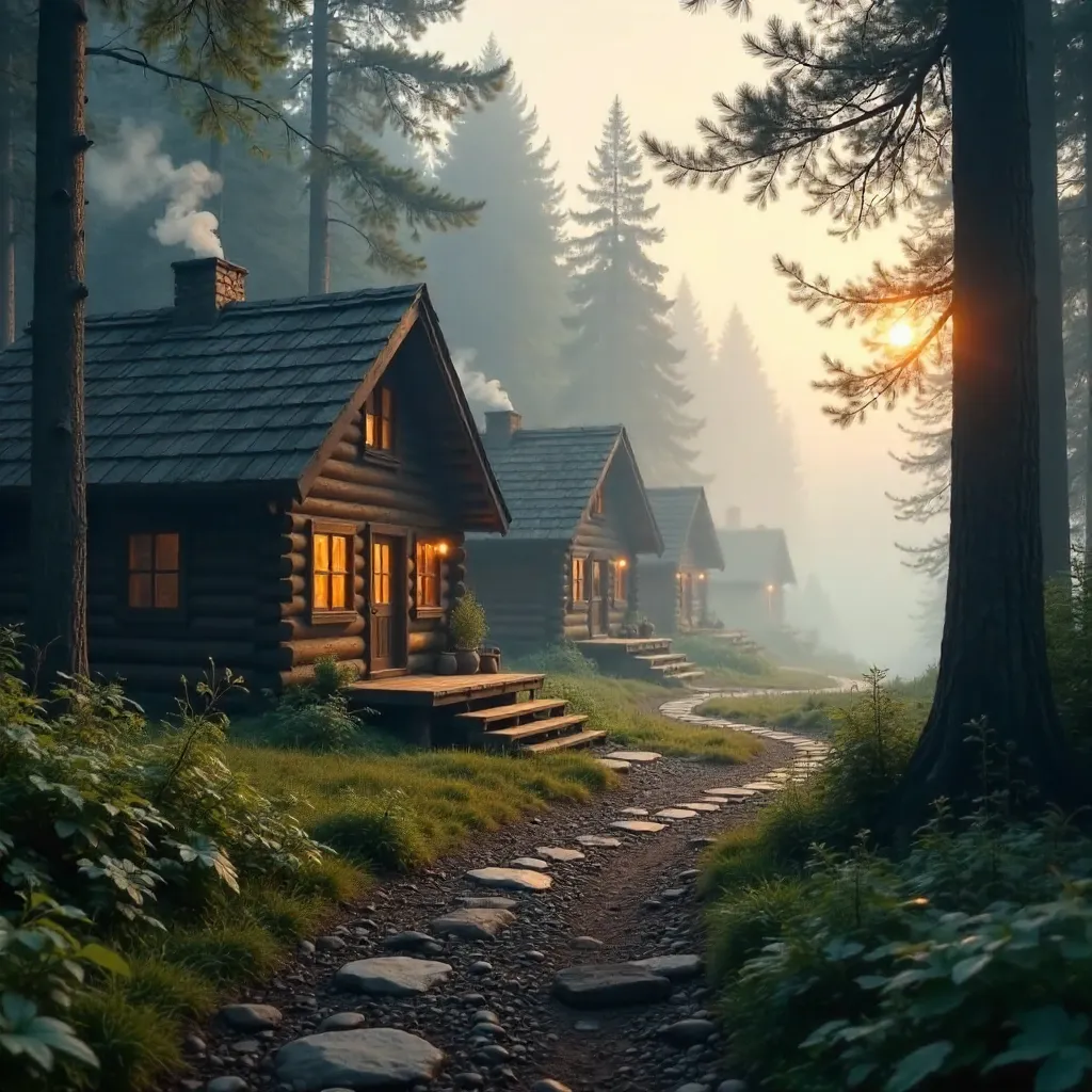 Mist-Kissed Cabins in a Serene Forest Trail