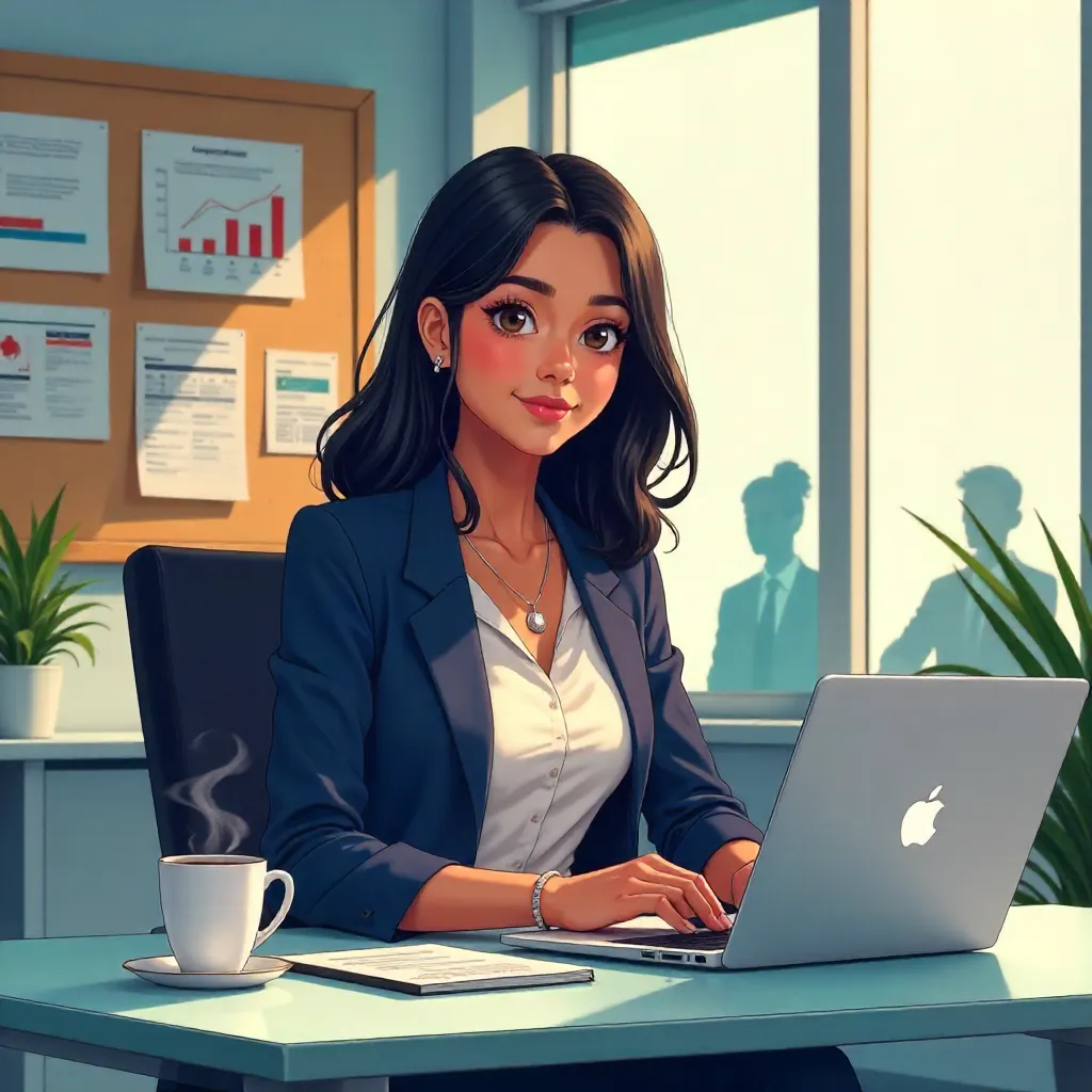 Anime-Style Indian Woman in a Modern Workspace