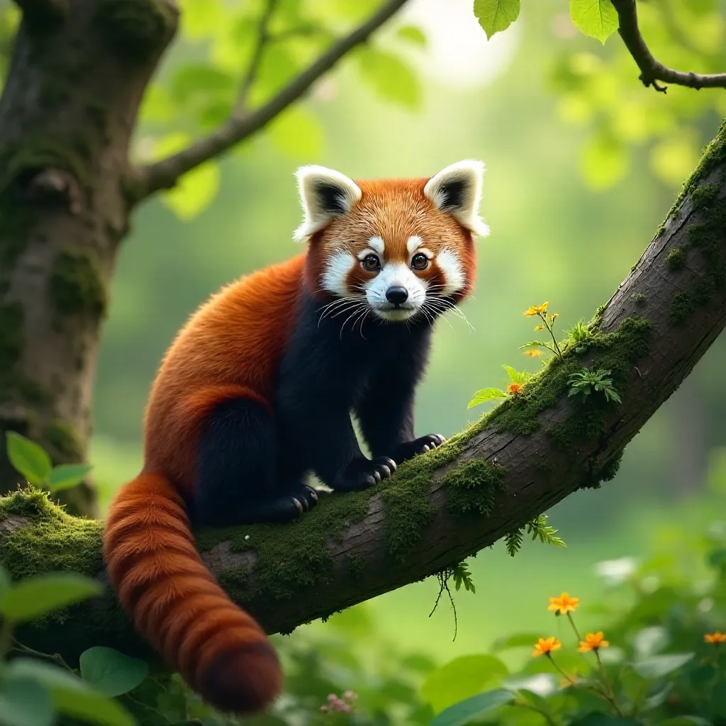 Red Panda on a Mossy Branch in English Woodlands