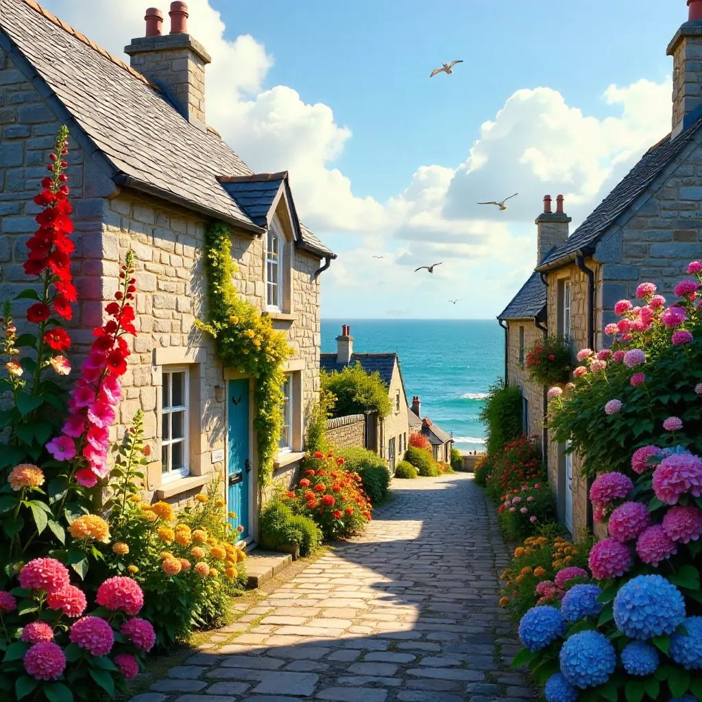 Stone Cottages with Hollyhocks on Hoëdic Island