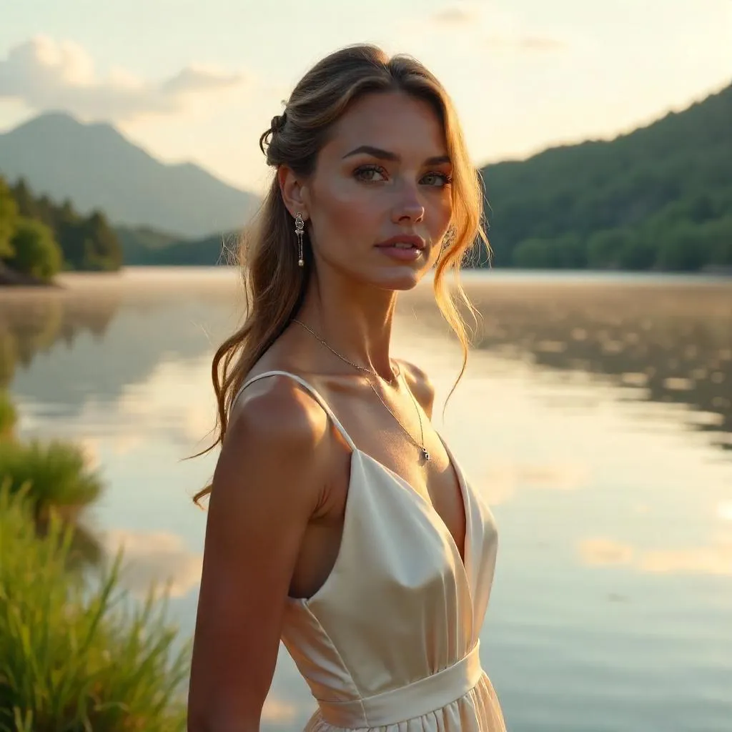 Elegant White Woman by a Lake — Photorealistic