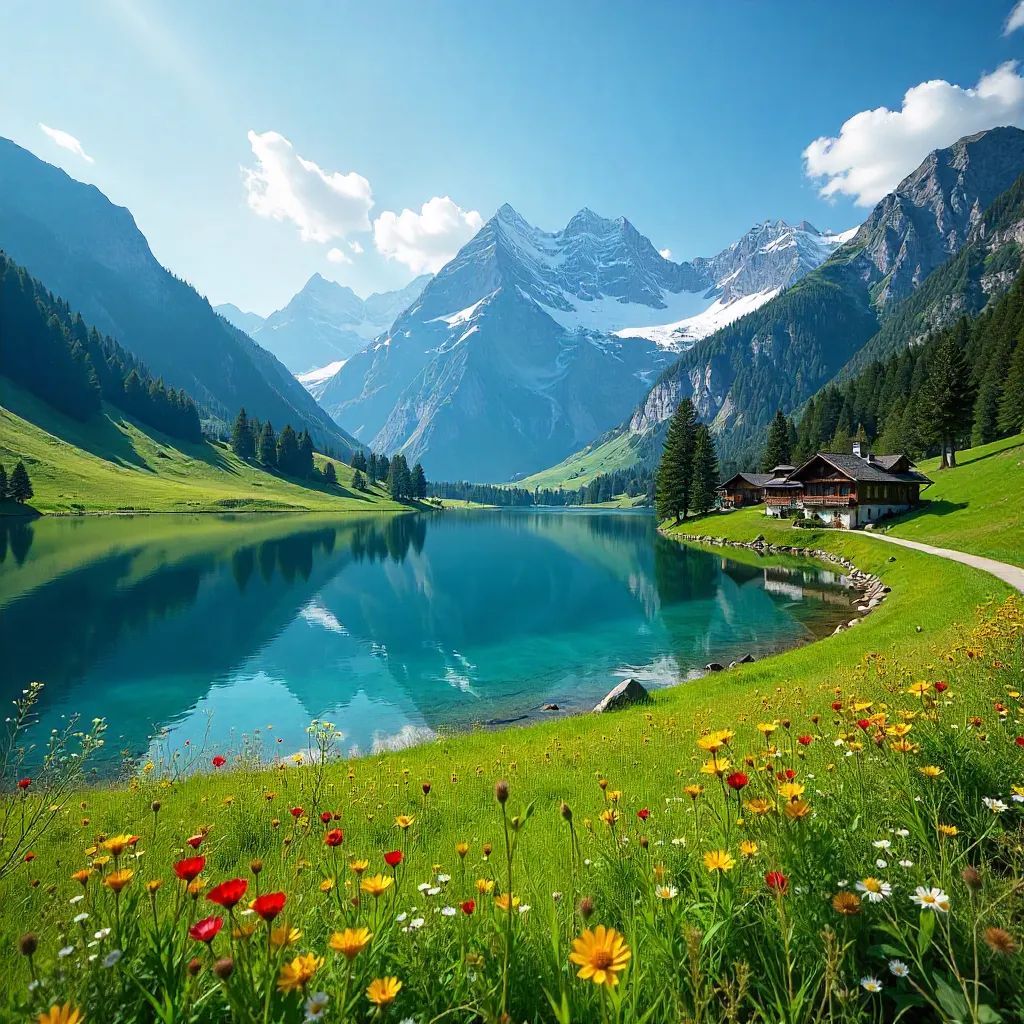 Emerald Swiss Alps: Meadow, Lake, and Peaks