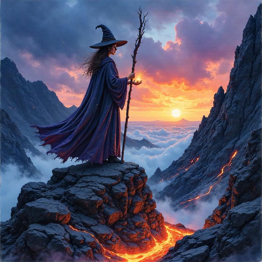 Witch on Volcanic Rocks in Watercolor