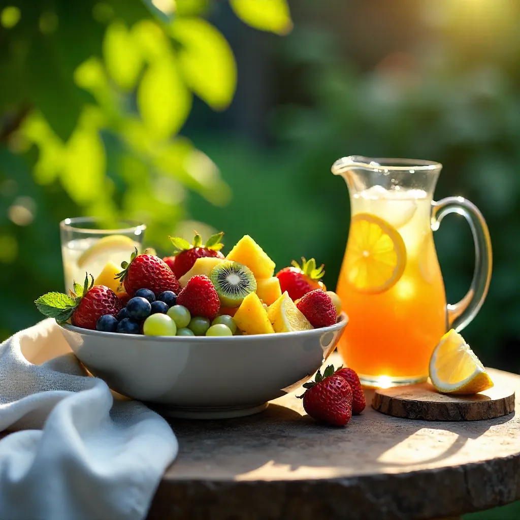 Vibrant Outdoor Fruit Bowl with Iced Beverages